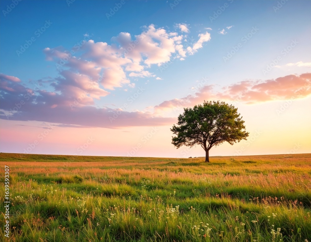 Fototapeta premium Photorealistic Image of a Single Tree in a Grassy Field at Sunset