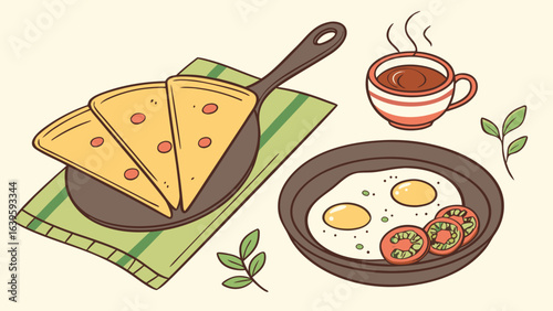 breakfast vector with paratha, omelet, and chai	