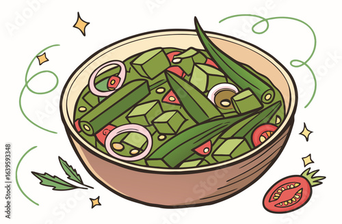 Okra curry vector with onions and tomatoes for Pakistani cuisine	