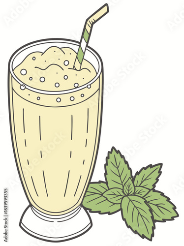 Refreshing lassi glass with foam and mint garnish vector art	