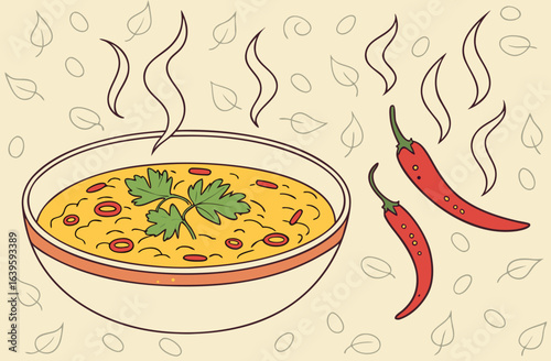 Seamless daal tarka background with red chili and coriander garnish	
