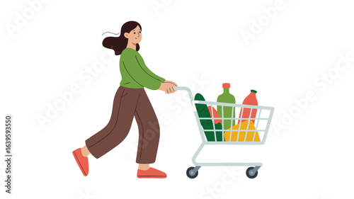 Young Woman Pushing Grocery Cart Filled with Vegetables and Beverages, Simple Illustration Style