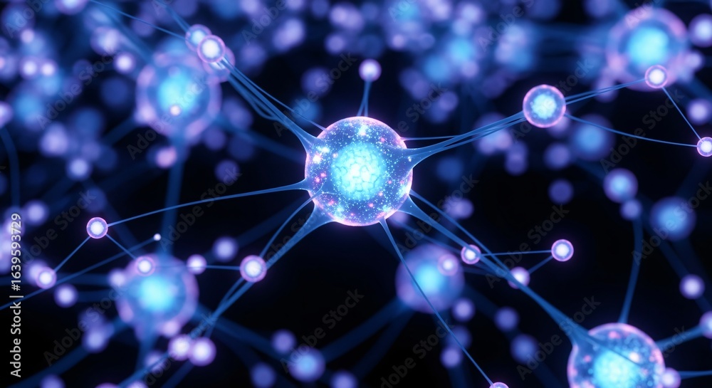 Obraz premium Neural Network Abstract: Connected Nodes in Blue