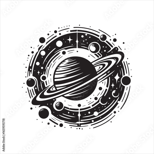 Stylized Planet with Rings and Celestial Orbits in Black and White.