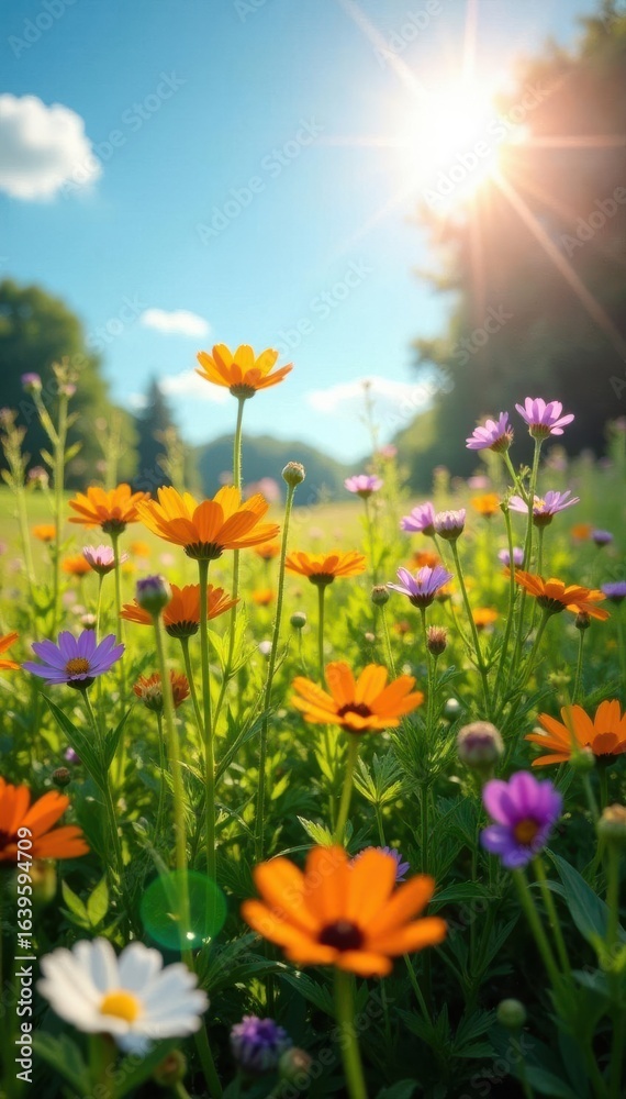 Obraz premium Sun-drenched meadow, wildflowers explode with color, bright, nature
