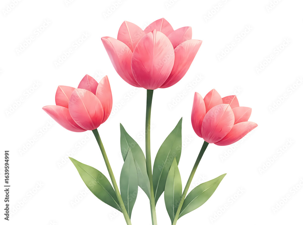 Obraz premium Watercolor painting of three elegant pink tulips with green leaves Isolated on transparent background.