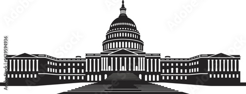 Black and white silhouette of government building with dome, neoclassical architecture, US Capitol inspired vector illustration, political landmark icon.