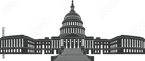 Black and white silhouette of government building with dome, neoclassical architecture, US Capitol inspired vector illustration, political landmark icon.
