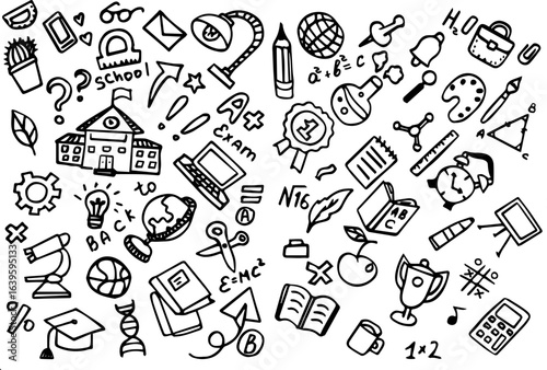 Educational doodles and symbols related to school and learning  