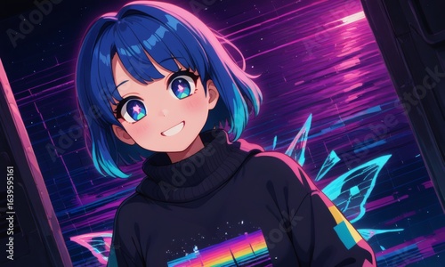 Vibrant anime girl with glowing blue eyes and butterfly wings smiles against a colorful glitchy digital neon background, blending cyberpunk and fantasy aesthetics brilliantly.