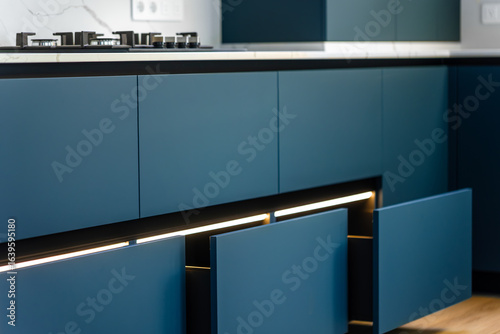 Base units. LED line. Cooktop above