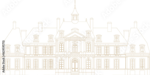 Detailed architectural line drawing of classic French château facade with ornate windows, mansard roof, and elegant neoclassical design elements.