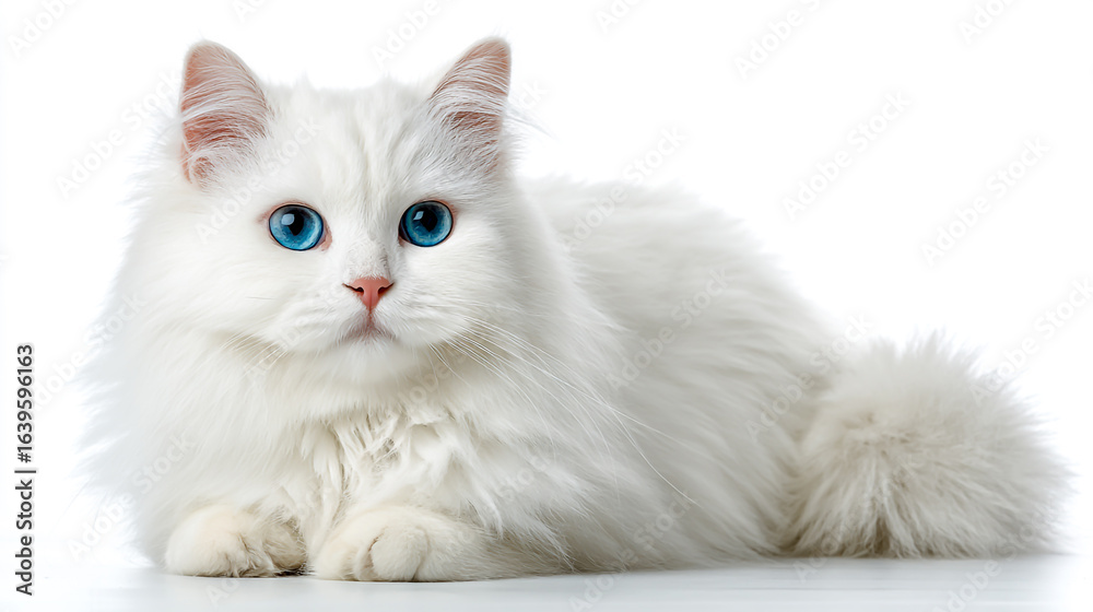 Fototapeta premium White cat, sitting on the ground, white background