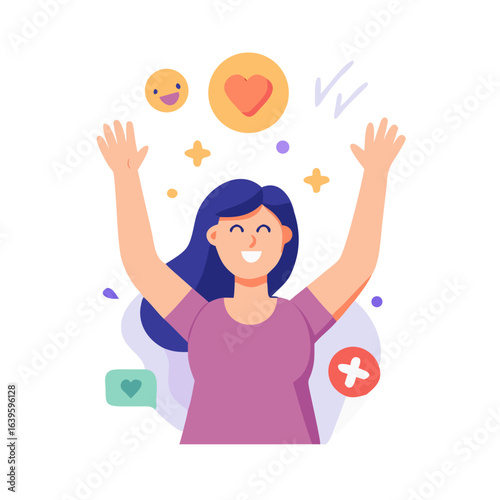 Mental health concept with character situation. Happy woman raised her hands up and rejoices and laughs. Positive thinking and wellbeing. Illustrations with people scene in flat design for ... See Mor