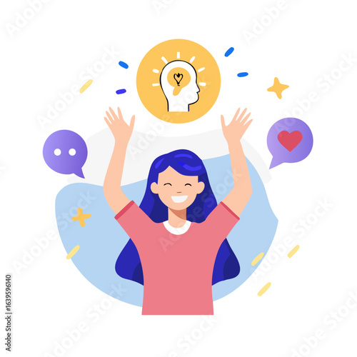 Mental health concept with character situation. Happy woman raised her hands up and rejoices and laughs. Positive thinking and wellbeing. Illustrations with people scene in flat design for ... See Mor