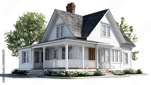 Charming white house with wrap around porch and green trees landscaping