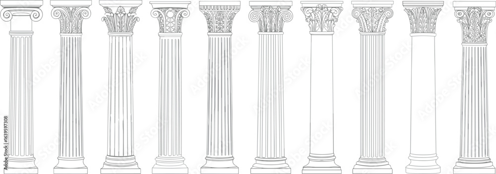 Naklejka premium Set of classical architectural columns line art, ancient Roman Greek column styles, historical pillars, decorative elements, black and white illustration.