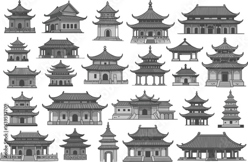 Traditional Asian temple collection, black and white illustration set, historic pagoda buildings, Chinese architecture design, cultural landmark vector icons.