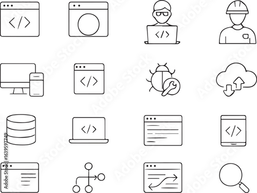 Programming & Coding Web Icon Set in Modern Line Style – API, Developer, IT, Software, Database, Debugging, Web Development