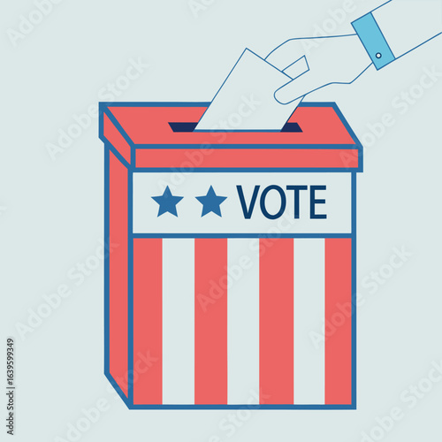 Hand inserts ballot into red and white striped vote box against light background