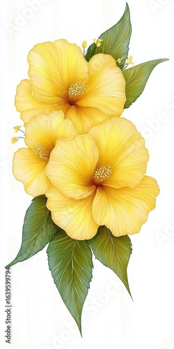 Close Up of Yellow Hibiscus Flowers Glittering on a White Backdrop, Generative AI