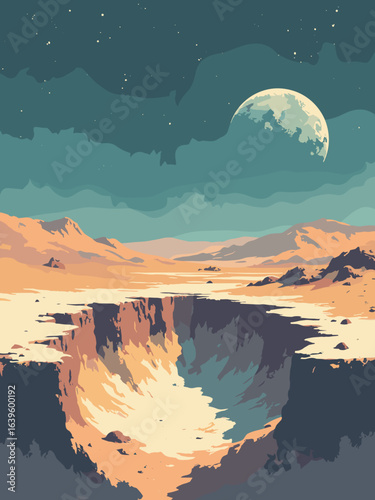 Ganymede – Grooved terrain valley cross-section with ancient crater, palette: basalt, ash white, ochre, deep teal