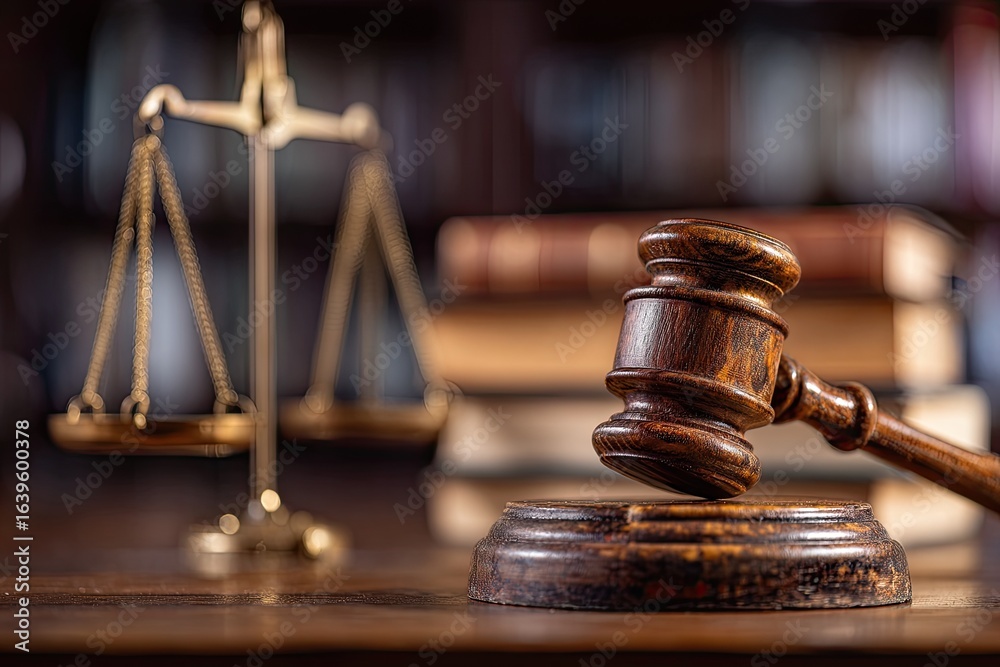 Wooden gavel and scales of justice on a table Wooden gavel and scales of justice on a table