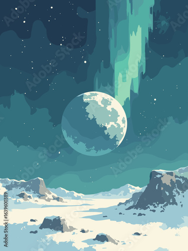Ganymede – Polar frost patch and tenuous aurora ribbon, palette: pearl, midnight teal, stone gray, silver