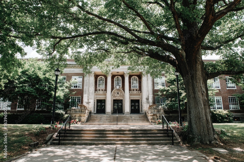 Naklejka premium Front facade of a classic school building, shaded by a large tree