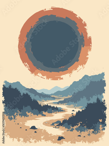 Callisto – Valhalla-like basin radial rings and battered highlands, palette: oatmeal gray, rust, cream, indigo