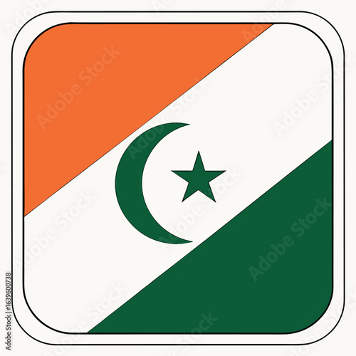 Symbolic square features orange, white, and green sections separated diagonally with crescent and star
