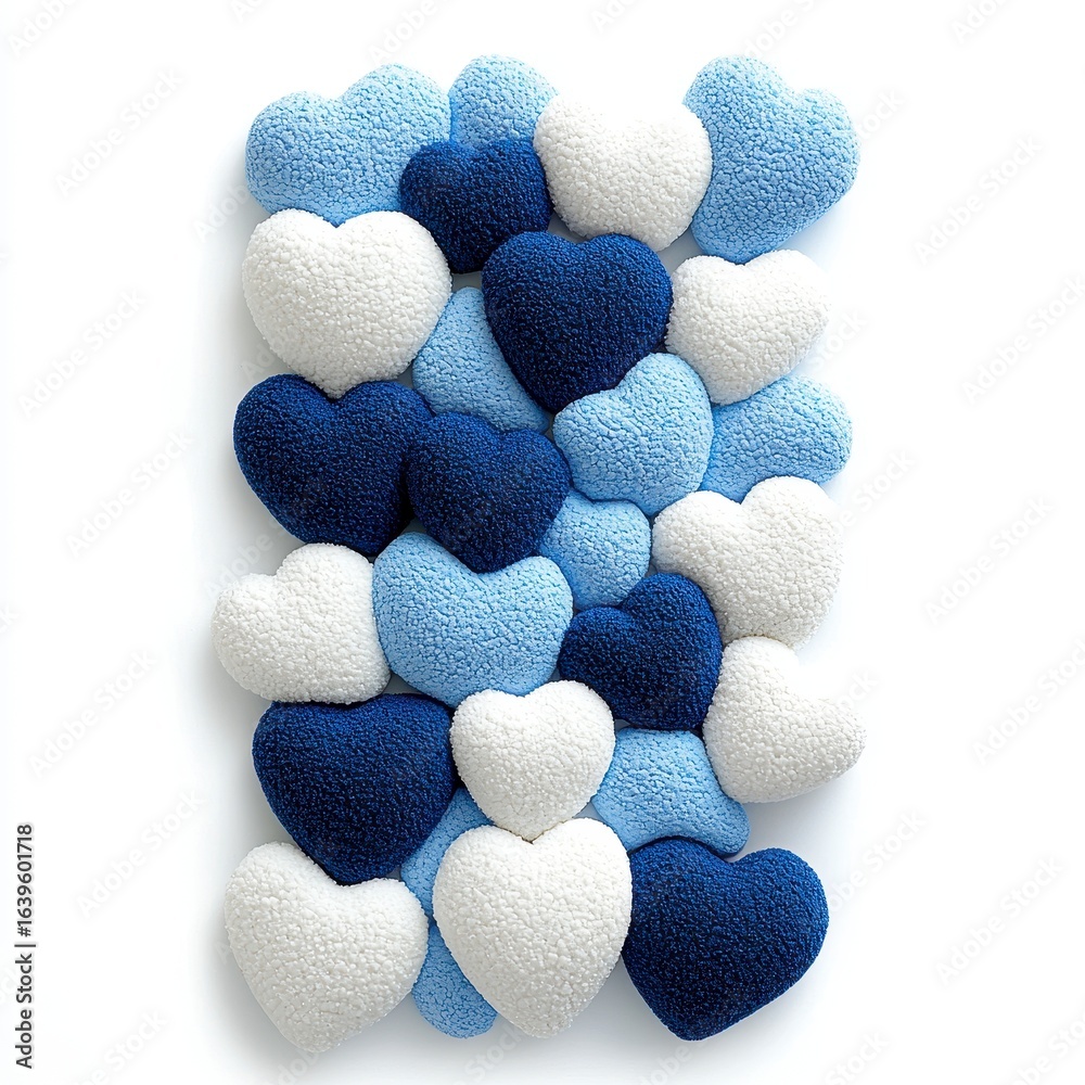 Obraz premium Closeup of Many Textured Hearts in White, Light Blue and Navy Blue, Generative AI