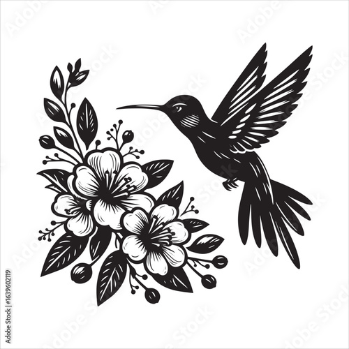 Black silhouette of a hummingbird hovering near a cluster of flowers and leaves on a white background