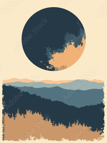 Iapetus – Equatorial ridge silhouette against two-toned terrain, palette: tar black, chalk white, umber, twilight blue