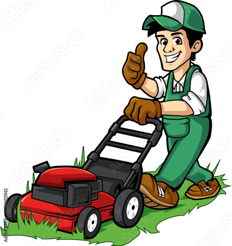 Cheerful Lawn Mower Worker Mascot Cartoon Illustration