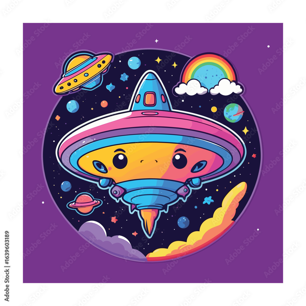 Obraz premium Cute Cartoon Alien Spaceship Flying Through a Vibrant, Whimsical Universe Filled with Planets, Rainbows, and Stars, Perfect for Children's Illustrations and Designs.