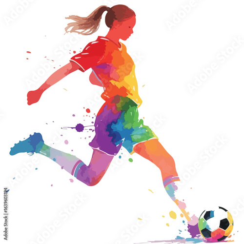 girl playing soccer watercolour art  vector illustration