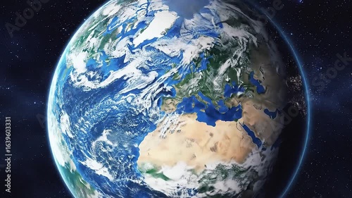 Earth viewed from space showcasing Europe Africa the Middle East and surrounding oceans amidst a starlit background