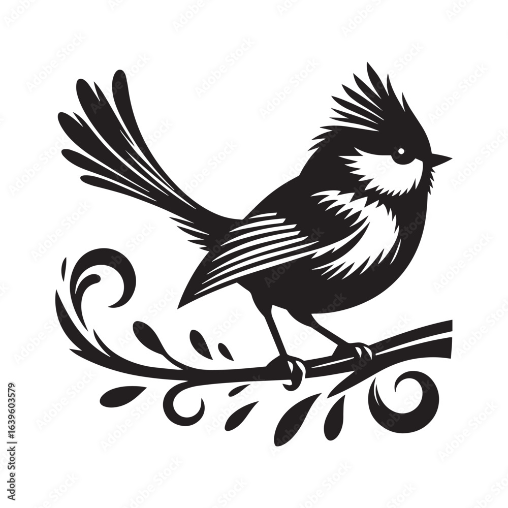Fototapeta premium Stylized Black Bird With Crest Sitting On A Decorative Branch On White Background vector illustration