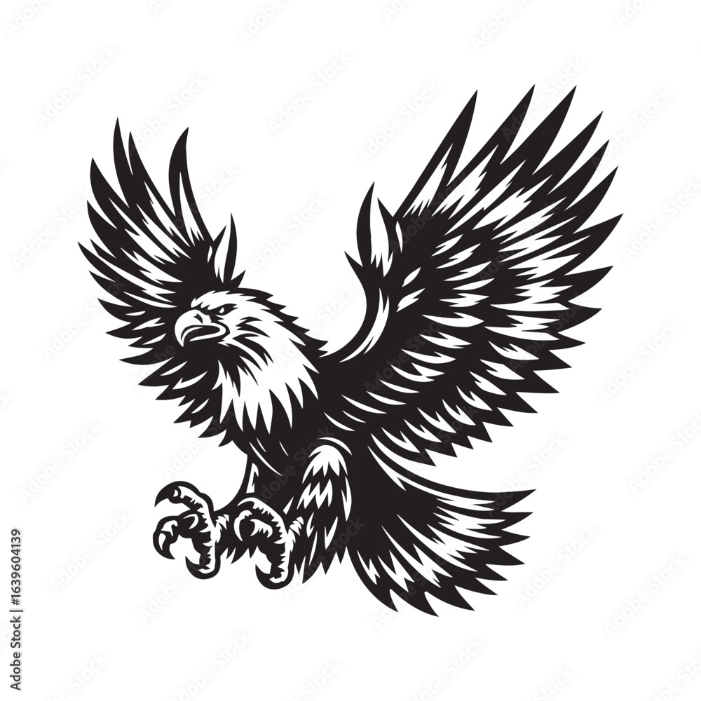 Fototapeta premium Aggressive Black Eagle with Open Talons and Spread Wings in Attack Pose on White Background bird of prey