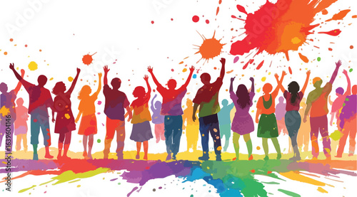 colorful paint splashes and silhouette of peoples dancing 