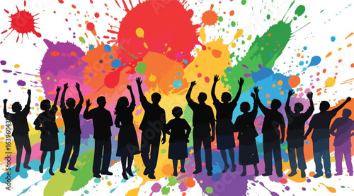 silhouette of peoples dancing and abstract colourful splashes background vector