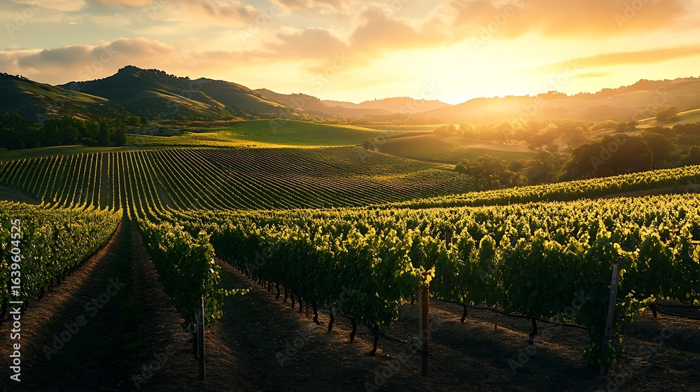 Fototapeta premium Vineyard Landscape at Sunset with Rolling Hills and Rows of Grape Vines