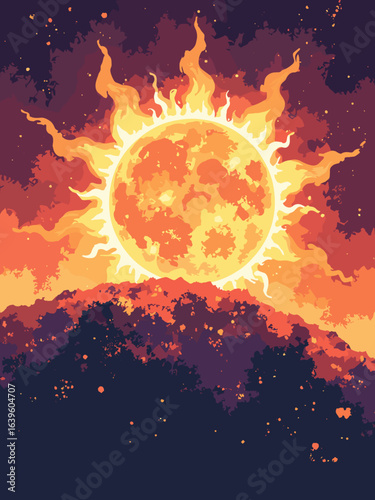 Sun – Close-up of raging solar flare arching above granulated photosphere, palette: solar yellow, ember orange, plasma white, obsidian black