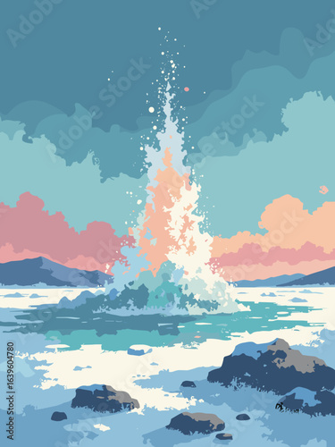 Triton – Nitrogen geyser fan over polar plains with frost ripples, palette: arctic blue, coral dusk, ash, pearl