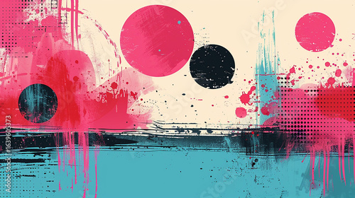 Abstract painting with vibrant pink, black, and teal circles and splatters on a cream background.
