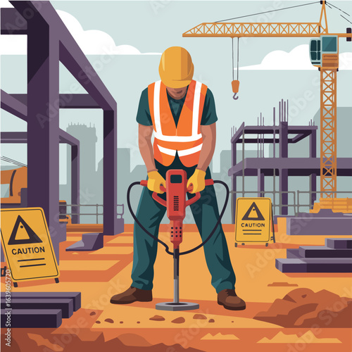 A construction worker uses a jackhammer on a construction site with caution signs and a crane visible