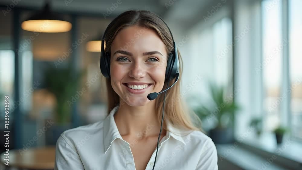 Smiling female customer support agent wearing headset in bright modern office Smiling female customer support agent wearing headset in bright modern office
