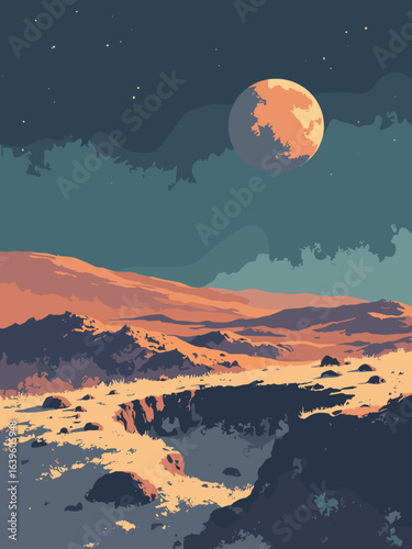 Phobos – Battered Phobos surface near Stickney crater with Mars rising, palette: charcoal gray, crater tan, rust horizon, cold blue
