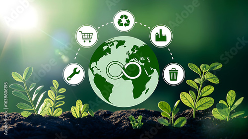 Fototapeta Naklejka Na Ścianę i Meble -  Green planet earth with circular economy symbols and growing plants symbolizing sustainability and environmental protection